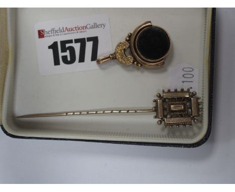 A Hardstone Set Swivel Fob Pendant, (indistinctly stamped); together with a stick pin, with decorative pierced rectangular pa