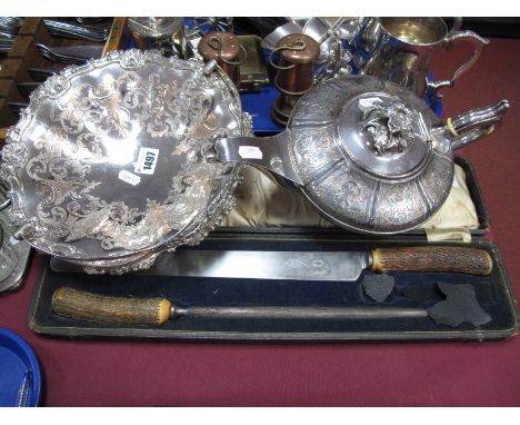 A XIX Century Plated Tea Pot, with engraved decoration. A XIX Century plate on copper basket, with engraved decoration, toget