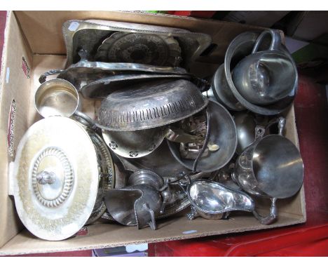 A Mixed Lot of Assorted Plated Ware, including biscuit barrel/caddy, twin handled trophy cup, trays, dishes, mugs, sugar scut