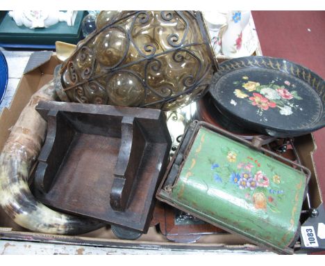 Papier Mache Circular Tray, George III style mahogany pier glass, oval mirror, horns, wall bracket, etc; hip flask, wrought i