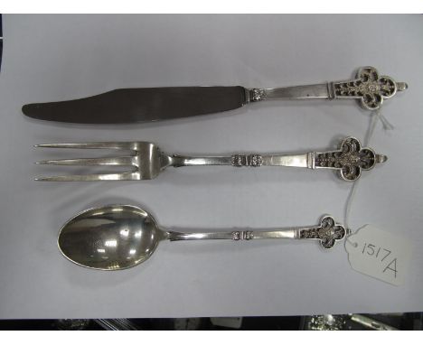 Christofle; A French Knife, Fork and Spoon Set, bearing import marks for Sheffield Assay Office, Sheffield 1967, each finial 