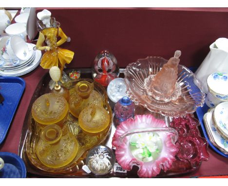 A Pair of XIX Century Cranberry Glass Bowls, opaque glass baskets, paperweights, 1930's amber glass dressing table set etc:- 