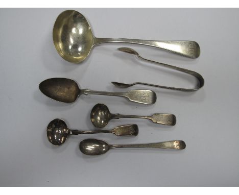 A Hallmarked Silver Sauce Ladle, London 1824, initialled; a matched pair of hallmarked silver fiddle pattern salt spoons, a p