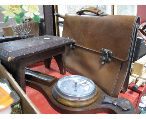Carved Hardwood Miniature Stool, Salisbury's Tan Leather Briefcase and a carved oak barometer/thermometer. (3)