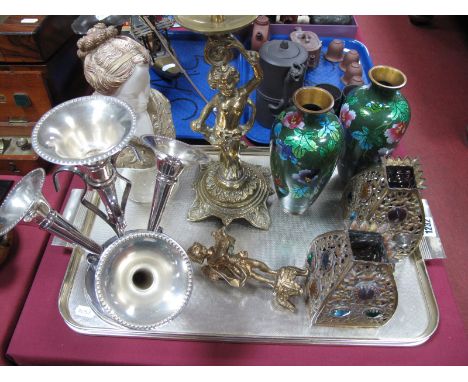 Plated Table Centrepiece, pair cloisonné vases (damaged), brass candlestick etc:- One Tray