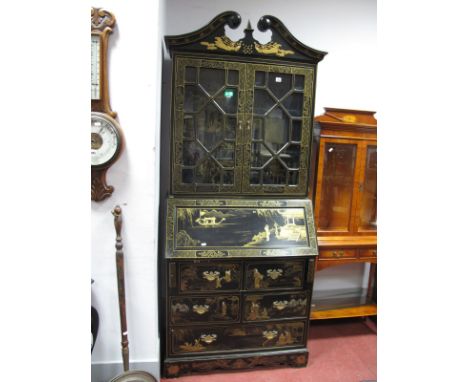 A XX Century Chinoiserie Style Bureau Bookcase, the top with a swan neck pediment, glazed astragal  doors, bureau with a fall