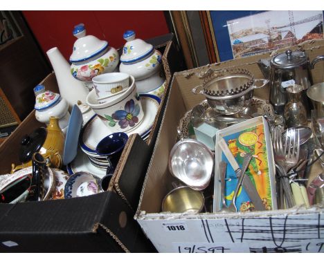 Glazed Earthenware Apothecary Jars, Royal Worcester ramekins, novelty teapot, other china and a quantity of plated wares:- Tw