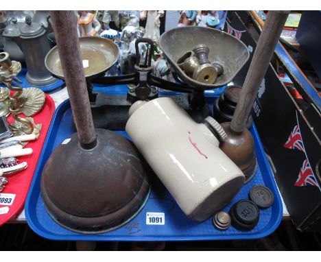 A Set of Libra Scale Co Scales, with brass bell and cast iron weight, two poshers, stoneware foot warmer.