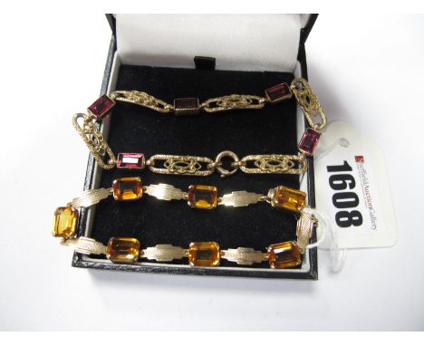 An Art Deco Style Bracelet, rectangular claw set highlights spaced by engine turned panels, stamped "9ct"; A Fancy Link Brace