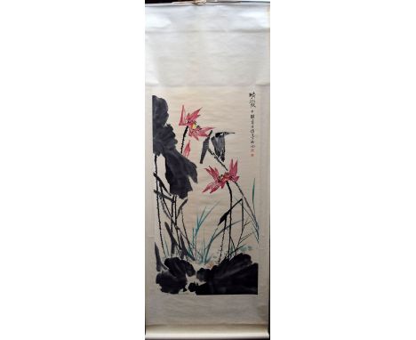 20th century Chinese scroll depicting kingfisher, bamboo and flowers, 82x215cmH
