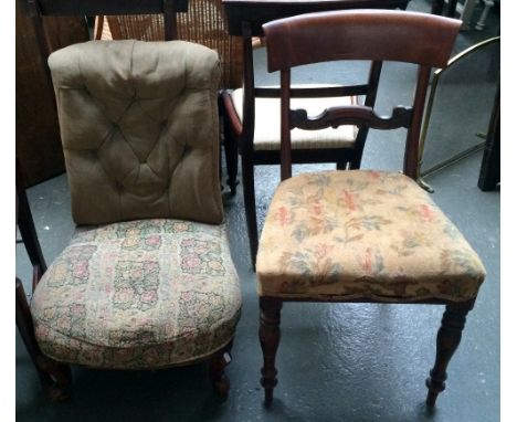 A pair of mahogany dining room chairs with striped fabric seats, along with a salon chair with button back and one other