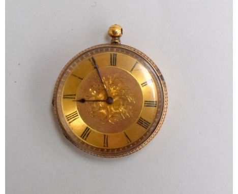 A small open face pocket watch, the gilt engraved dial with Roman numerals, in engine turned gold case, possibly 18ct, marks 