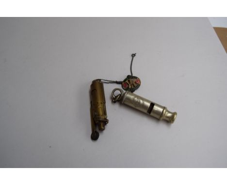 A vintage Liverpool City Police whistle, and an early 20th century brass pocket cigarette lighter