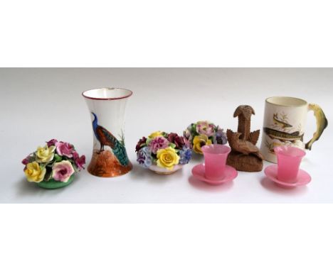 A box of mixed ceramics, including Wemyss ware, hand painted ceramic posies, commemorative mugs, and a large blue and white m