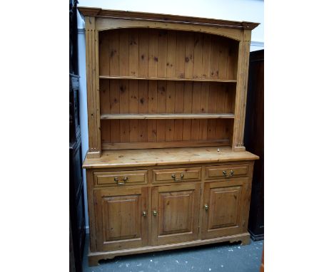 A light pine three drawer, three door, shelf back kitchen dresser, 152x46x209cmH