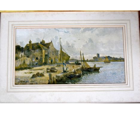 A framed and glazed print of an English fishing village, 22x42.5cm