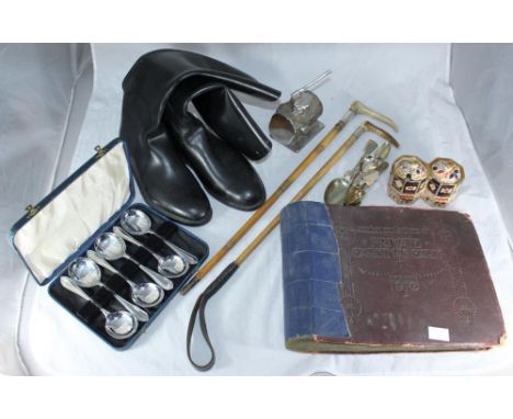A white metal paperweight hand-made as a log with woodsman's axe, together with a Victorian scrapbook, a pair of horse-riding
