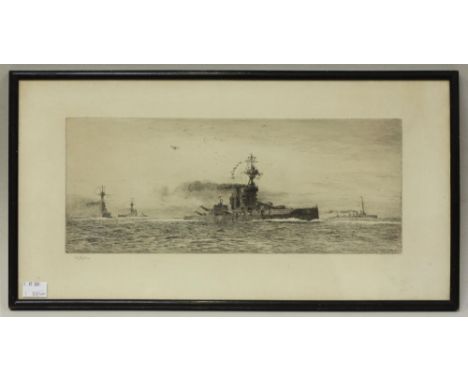 William Lionel Wyllie RA (1851-1931), The Iron Duke Class battleships at sea, with bi-plane overhead, signed in pencil, etchi