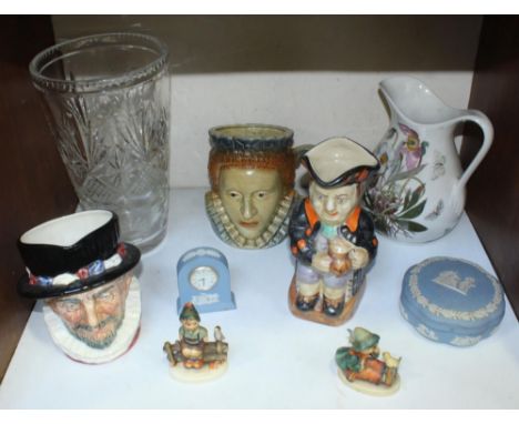 SECTION 15. A small collection of assorted ceramics and glass including Royal Doulton character jug 'Beefeaters', two Hummel 