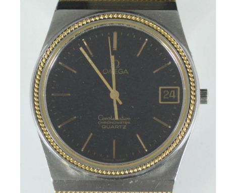 A gents stainless steel Omega 'Constellation Quartz Chronometer' wristwatch, cal.1333, the black enamel dial with batons deno