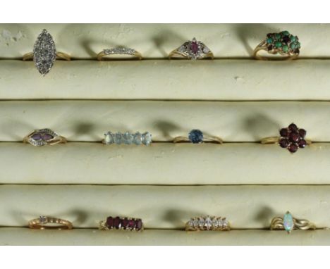 Twelve various ladies 9ct gold dress rings variously set with garnets, amethyst, aquamarine, turquoise and opal, 28.06 grams 