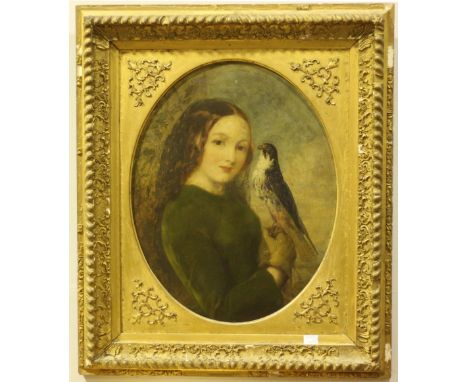 19th Century British School.  Half-lentgh oval portrait of a red-headed girl wearing a green dress with a Falcon perched on h