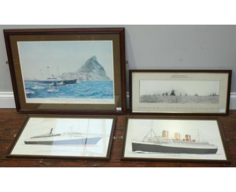 A pair of posters of Liner Queen Mary &amp; Queen Elizabeth 2, January 1975, together with a Coronation Review 1911 Arrival o