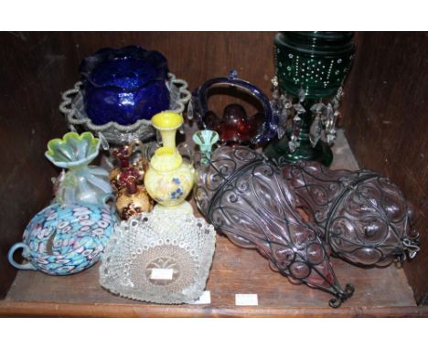 SECTION 44. A collection of various mixed glassware including a green lustre vase, a pair of metal and glass light fittings a