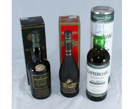 1x 500ml bottle Remy Martin Napoleon Cognac, 1x 1L bottle of Laphroaig 10 yr Old Single Malt Whisky, and 1x 700ml bottle The 