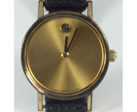 A ladies Zenith Quartz wristwatch, with gold-plated circular case and brushed gold dial with circular marker at 12 o'clock, b