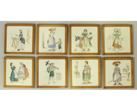 A set of eight ceramic tiles featuring 'Cries' or street vendors, 6" square, in wooden frames 