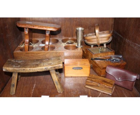 SECTION 54. A small assortment of wooden collectables including two small stools, a three section trinket box, a stamp box an