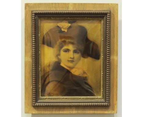 After Edith Scannell, a crystoleum portrait study of a lady wearing a hat, in wooden frame. 24 x 19cm 