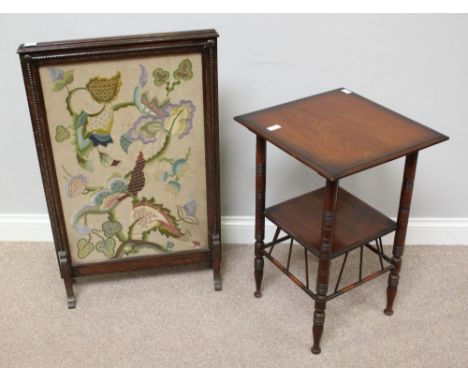 A William Morris 'style' stained walnut two-tier square occasional table, 43cm, together with an oak firescreen with glazed f