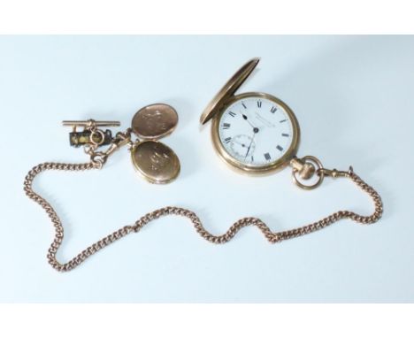 A gold-plated pocket watch by Collingwood &amp; Son Ltd. Middlesbrough, with black Roman numerals on white enamel dial and su