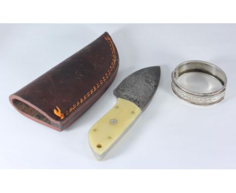 A Perkin knife with damascus pamor type blade and bone handle in leather sheath, together with a white metal stiff hinged ban