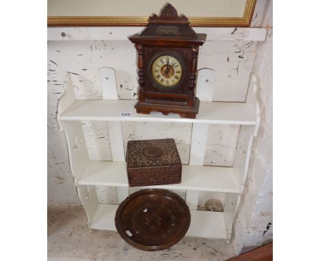 Three-tier wall shelf, a small German wood-cased mantle clock, a carved wood box & similar fruit bowl