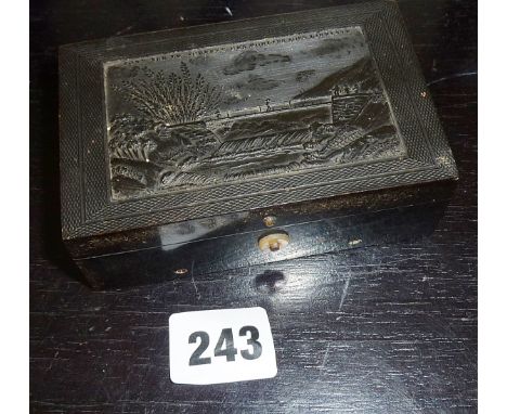 Georgian pressed horn music box decorated with a scene to lid with legend "PONT SUR LE TORRENT DES MOULINS SOUS LAUSANNE", pl