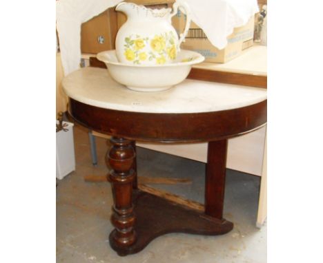 Victorian demi-lune mahogany and marble washstand with jug and basin