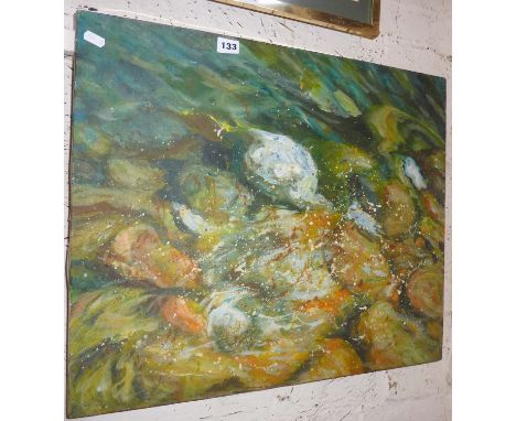 Contemporary abstract oil on canvas of boulder shapes and splattering, unsigned
