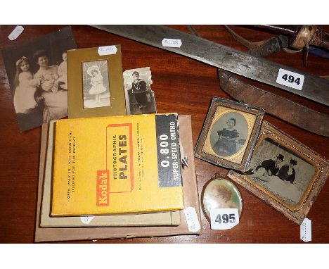 Collection of early photographs, two Ambrotypes, portrait miniature, photographic plates, etc.
