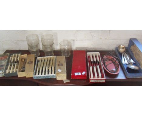 Collection of cutlery in original card boxes including ivorine-handled knives etc, five etched glasses commemorating 1937 Cor
