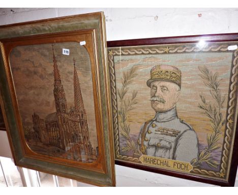 Continental tapestry portrait of Marshall Foch (Marechal Foch), and a Continental tapestry picture of Chartres Cathedral