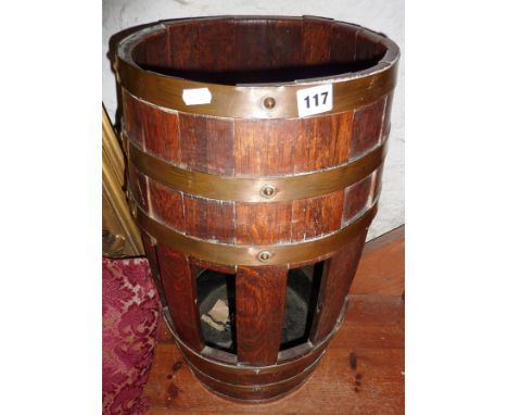 Brass-bound oak barrel stick stand