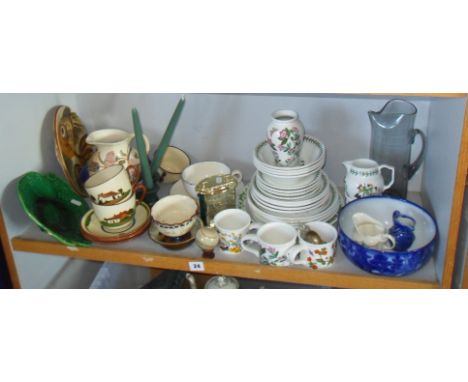 Shelf of assorted china including Portmeirion Botanic Garden, Torquayware, Honiton, Royal Doulton flo-blue bowl etc