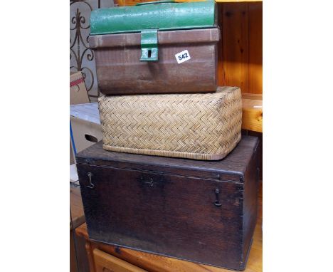 Old oak box, a small tin trunk and a small Moses basket