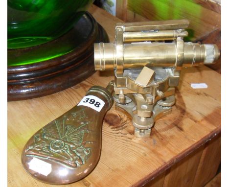 Copper shot flask and a reproduction brass theodolite