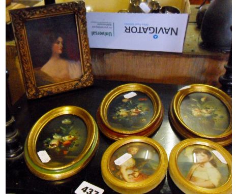 Pair of print portrait miniatures, set of oval oils on board of flowers and a small portrait on board of lady in gilt frame