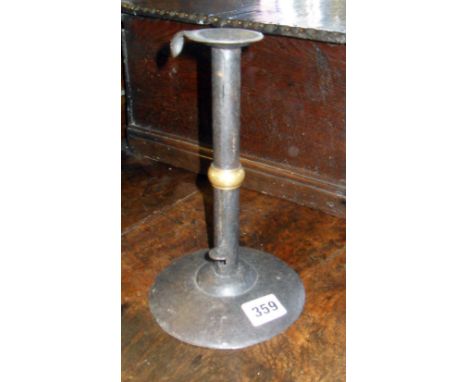 18th c. brass-banded steel hog scraper candlestick