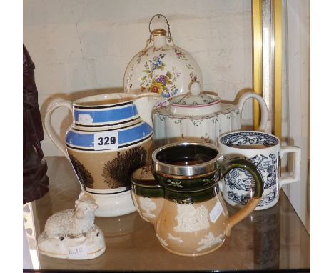 Doulton Lambeth Stoneware shaving mug with silver rim (A/F), 19th c. Mocha ware jug (chipped spout), and an 18th c. New Hall 